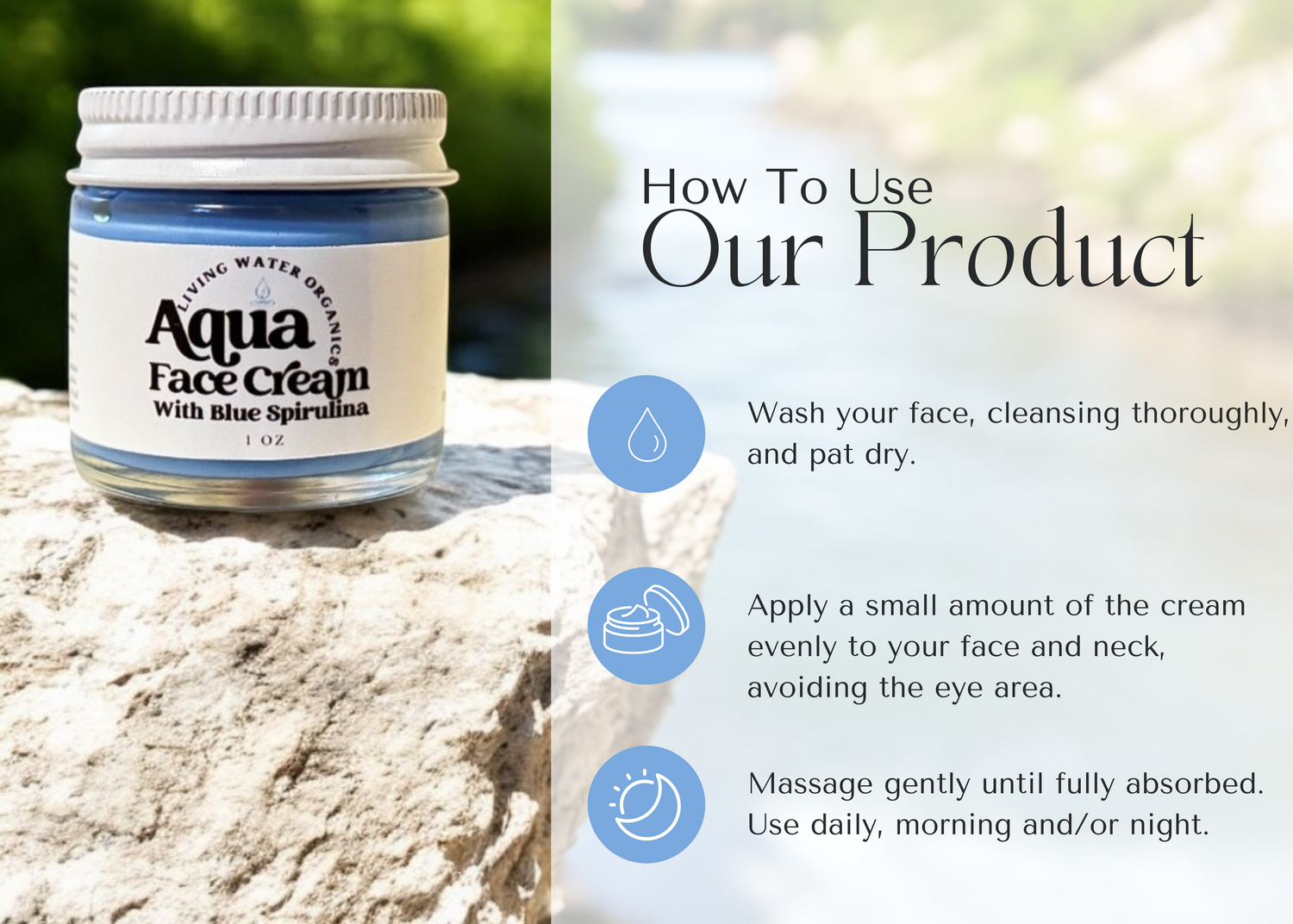Aqua Face Cream with Blue Spirulina on a rock with usage instructions.