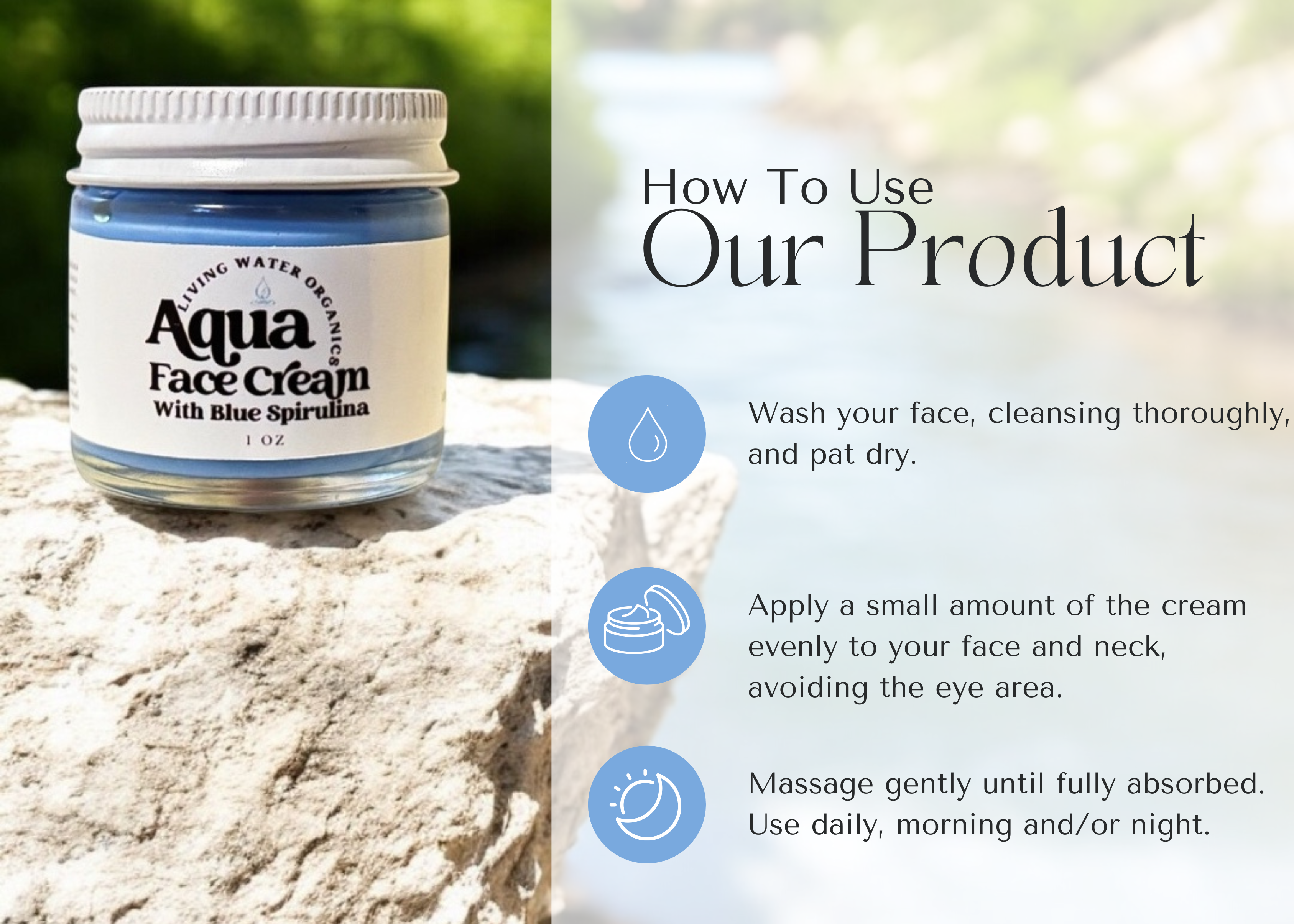 Aqua Face Cream with Blue Spirulina on a rock with usage instructions.