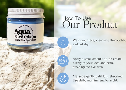 Aqua Face Cream with Blue Spirulina on a rock with usage instructions.