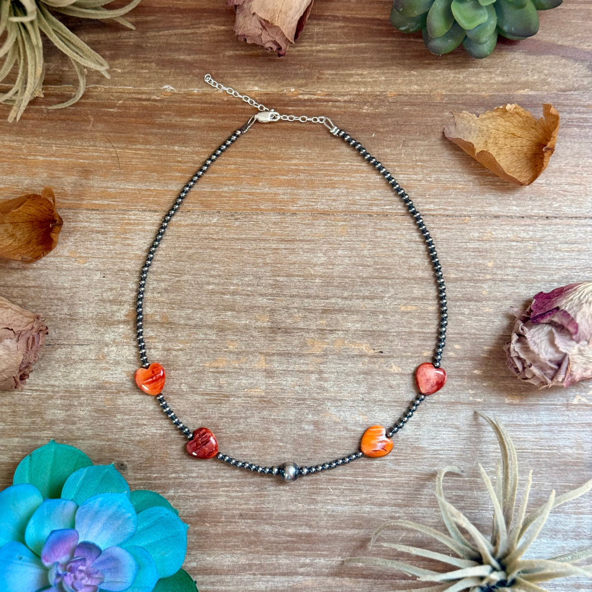 15" Orange-Red Shell Heart &amp; Sterling Silver Pearl Necklace