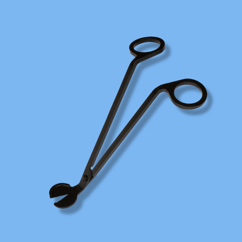 A pair of black metal tongs with looped handles, shown on a solid light blue background.