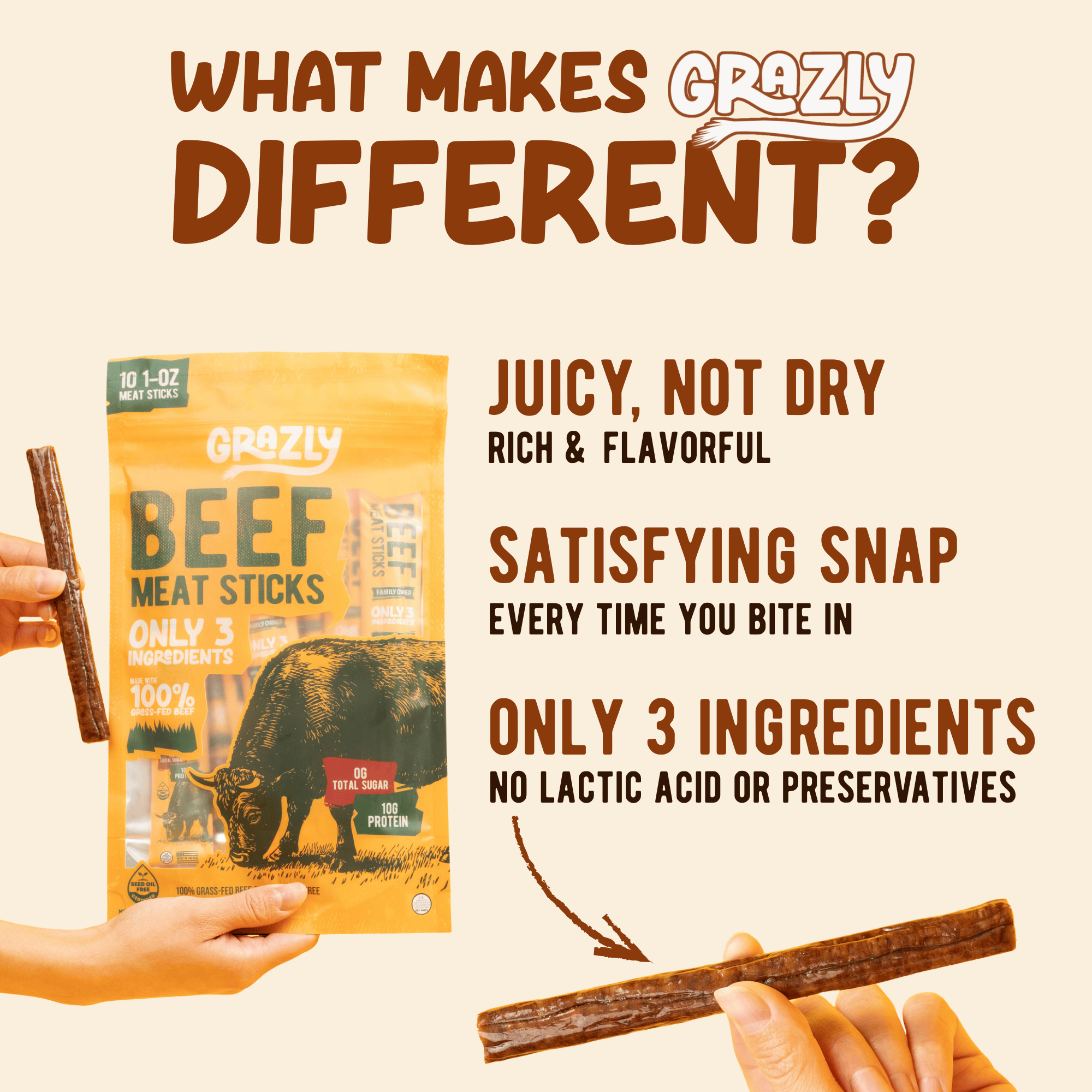 Grazly Plain Beef Meat Sticks - 100% Grass-Fed &amp; Finished