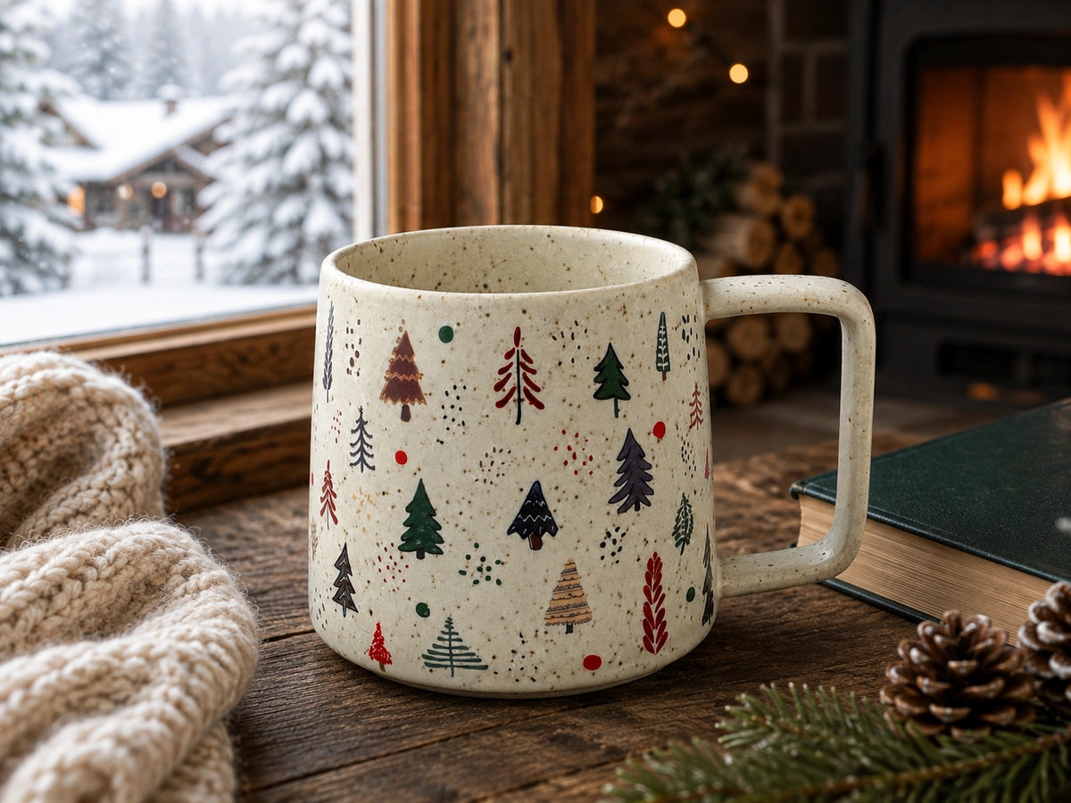 A speckled cream ceramic mug with a handle, decorated with a pattern of small Christmas trees in green, red, and brown, set on a rustic wooden table next to a cozy knit blanket and pinecones, with a cozy fireplace and snowy window in the background.