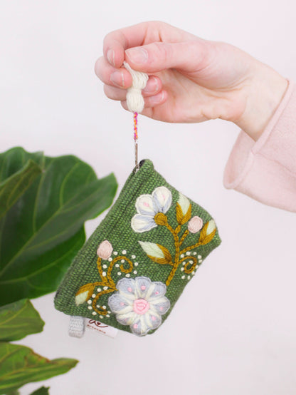 Ash &amp; Rose coin purse Olive Green Sunset Floral Embroidered Coin Purse