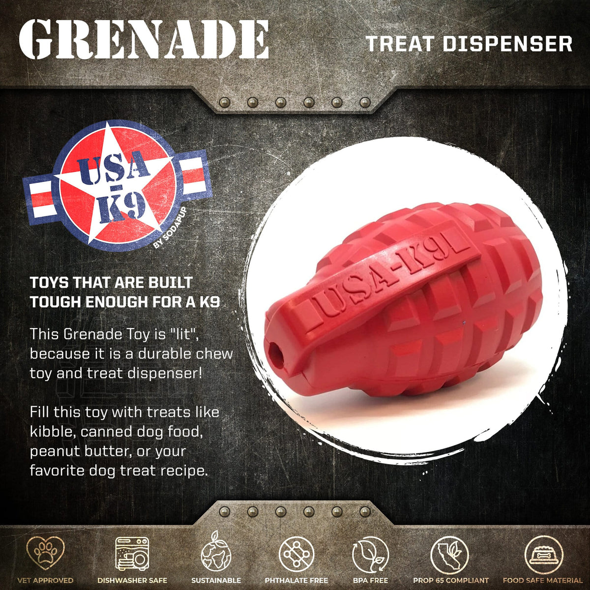 USA-K9 Grenade Rubber Dog Chew Toy | K9 Handler eDispenser Toy | Red &amp; Blue | USA Made