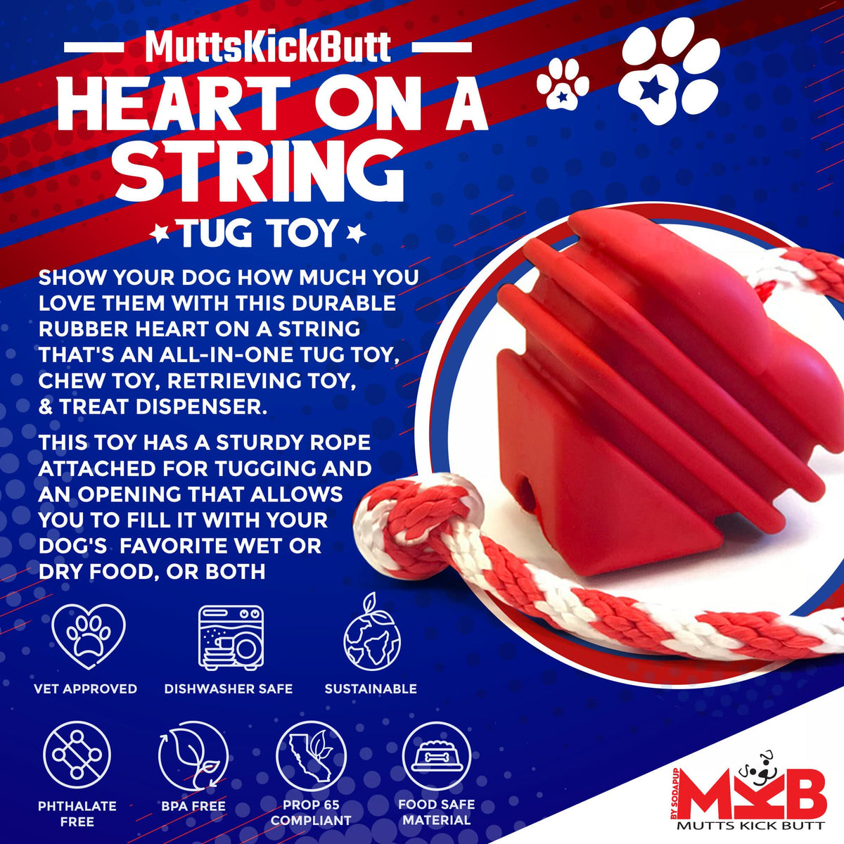 Heart on a String Dog Toy - Durable Rubber Tug Toy for Large Dogs | USA Made