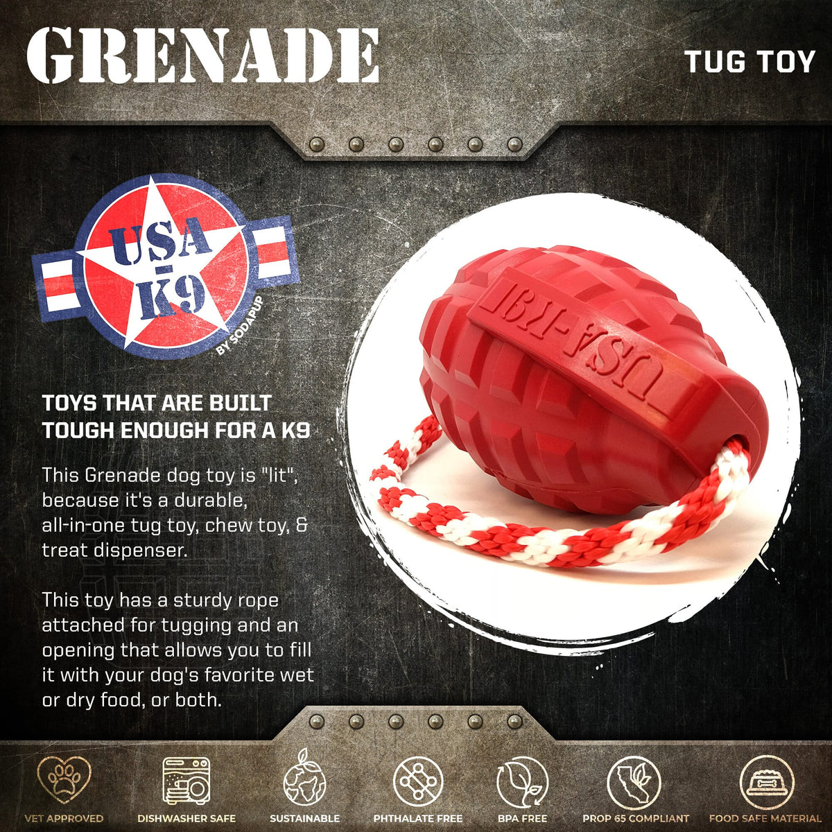 USA-K9 Grenade Shaped Rubber Dog Toy - Chew, Treat Dispenser &amp; Tug Toy | USA