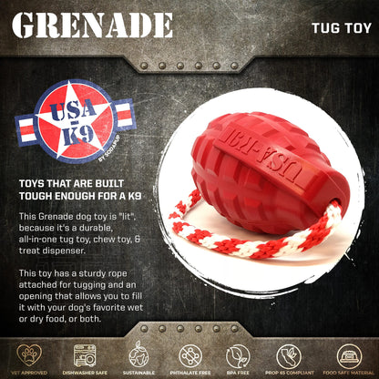 USA-K9 Grenade Shaped Rubber Dog Toy - Chew, Treat Dispenser &amp; Tug Toy | USA