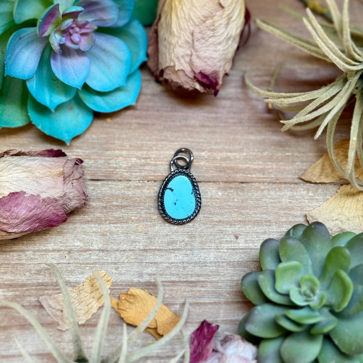 MJ Sky Blue Turquoise Charm with Sterling Silver Pearl Necklace