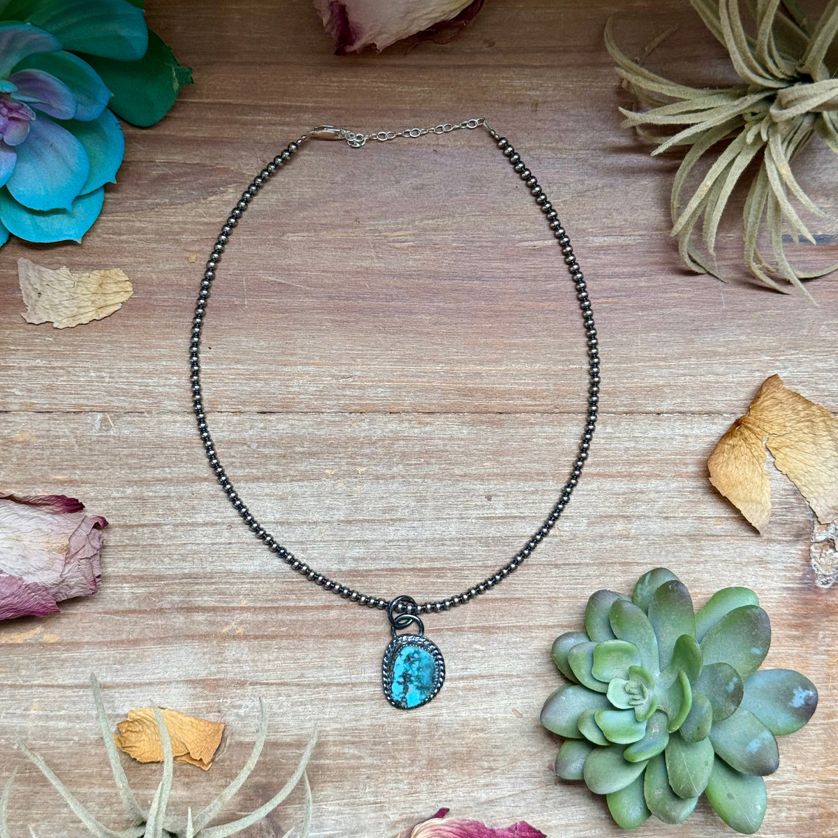 MJ Sky Blue Turquoise Matrix Charm &amp; Sterling Pearl Necklace