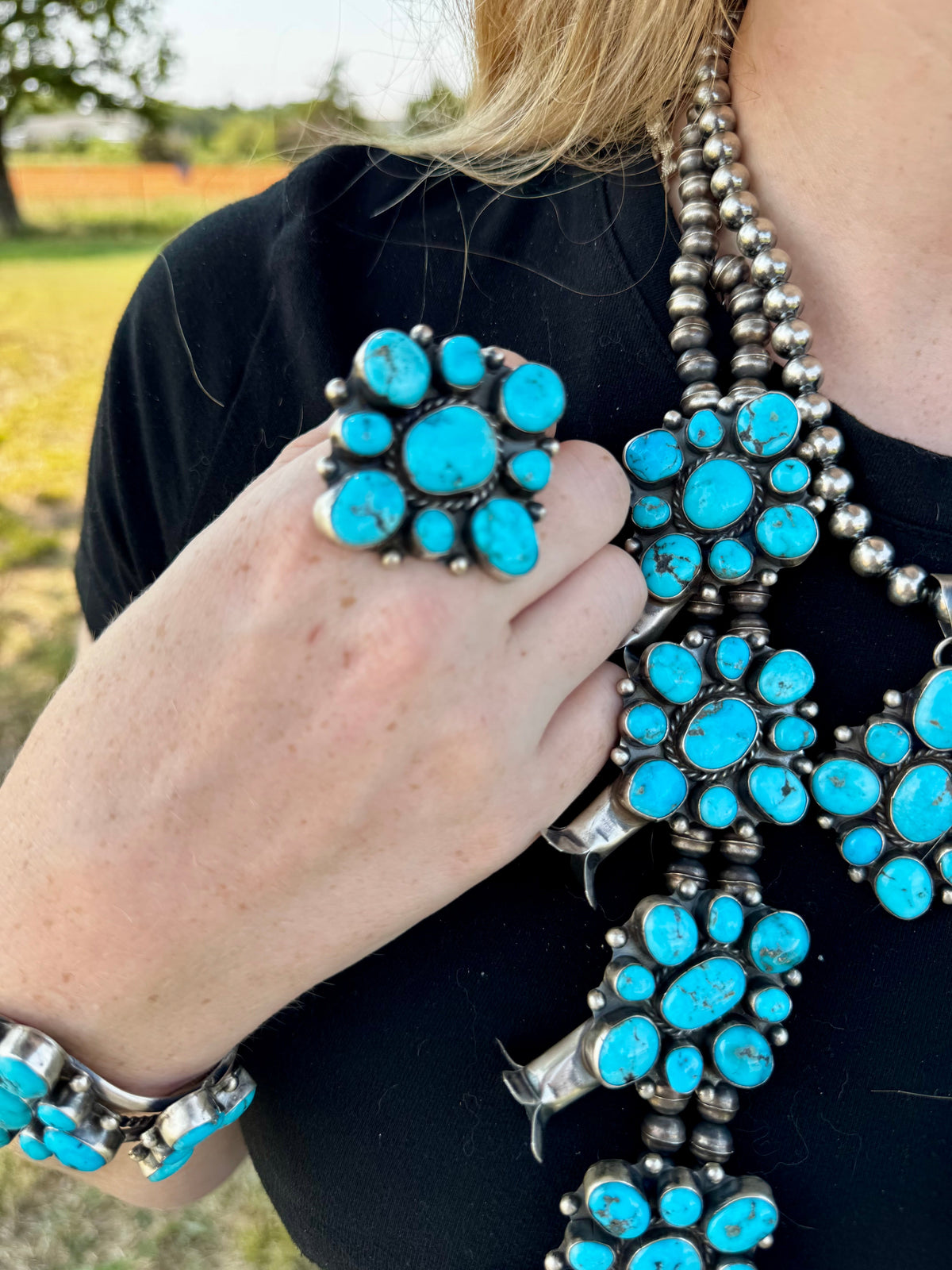Wilson Dawes Kingman Turquoise Sterling Silver Squash Blossom Set