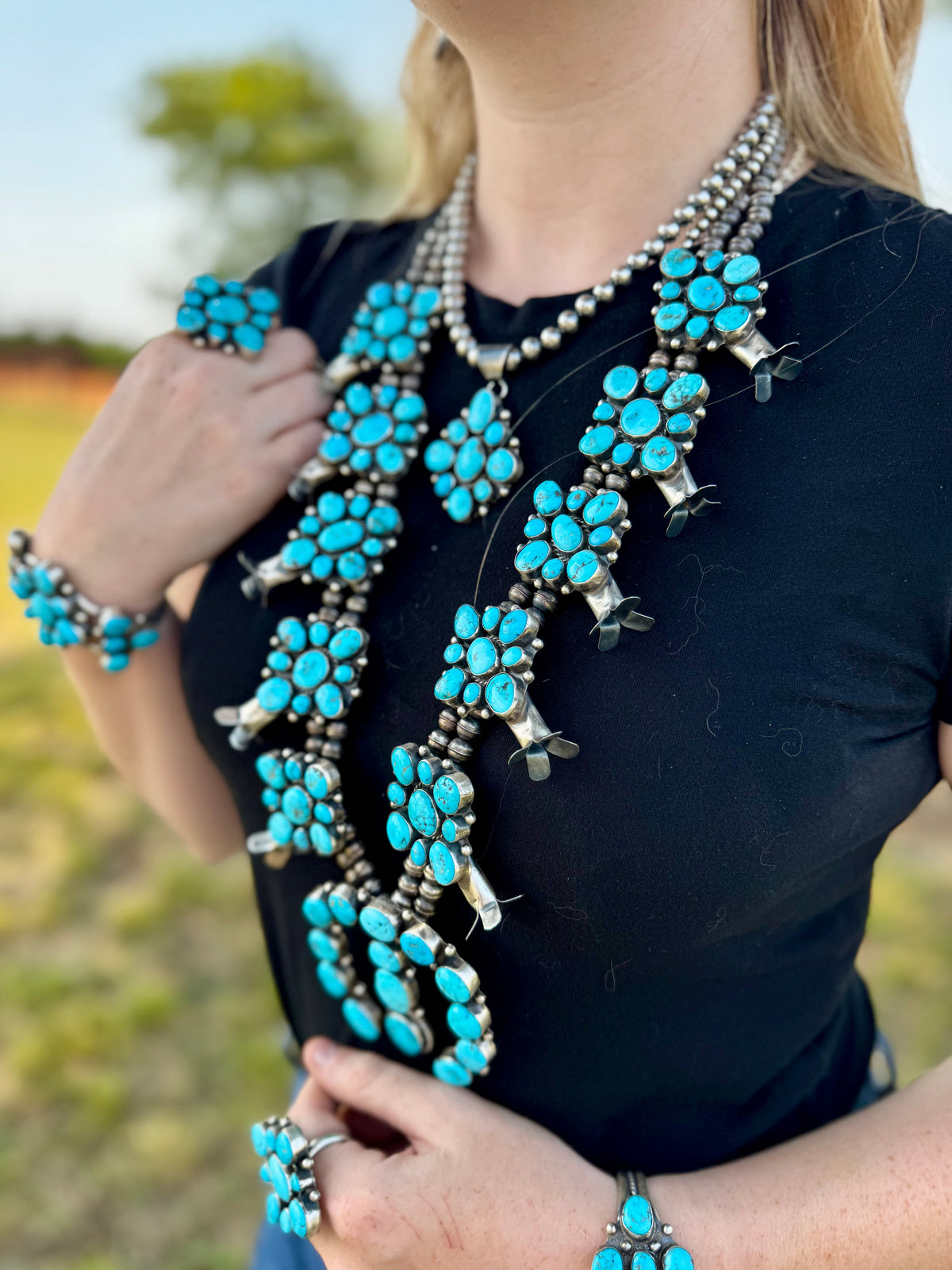 Wilson Dawes Kingman Turquoise Sterling Silver Squash Blossom Set
