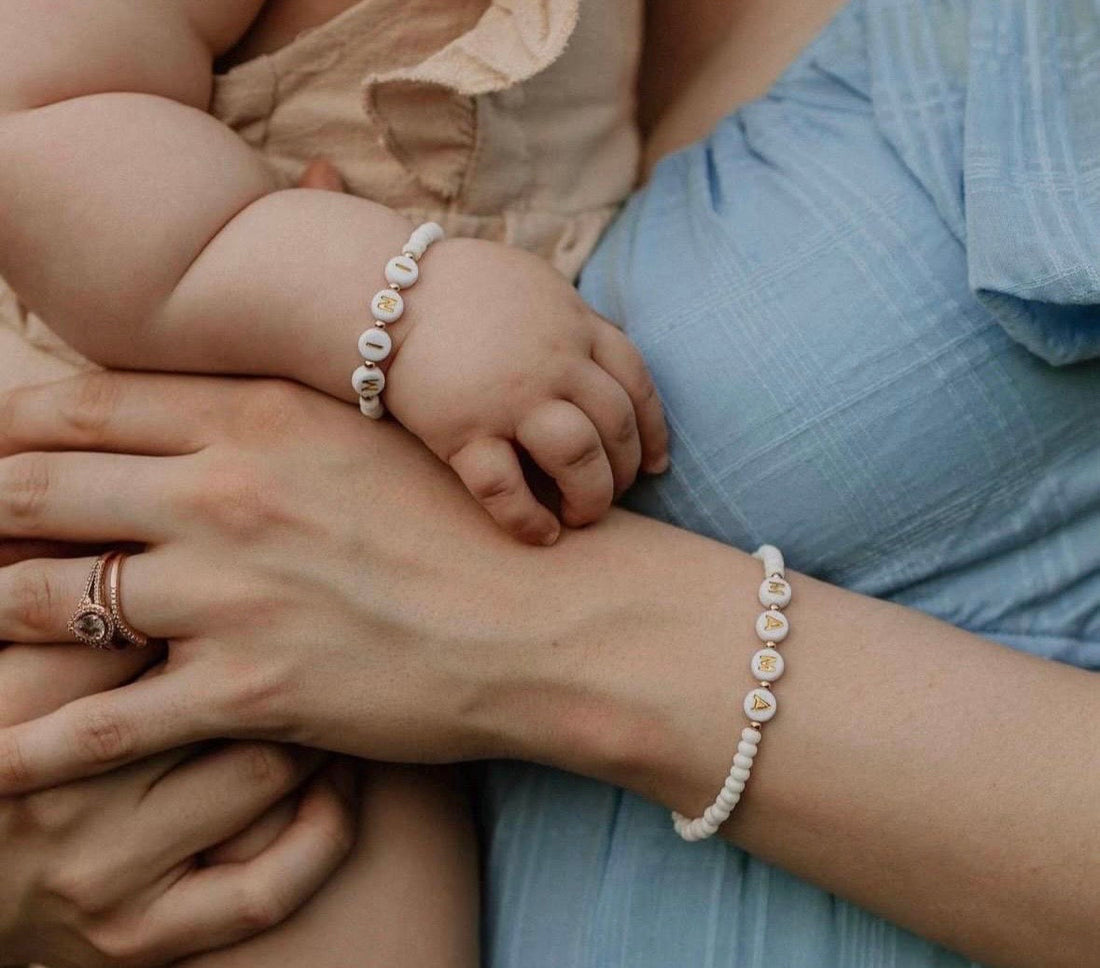 Mama and Mini White Name Bracelet Set