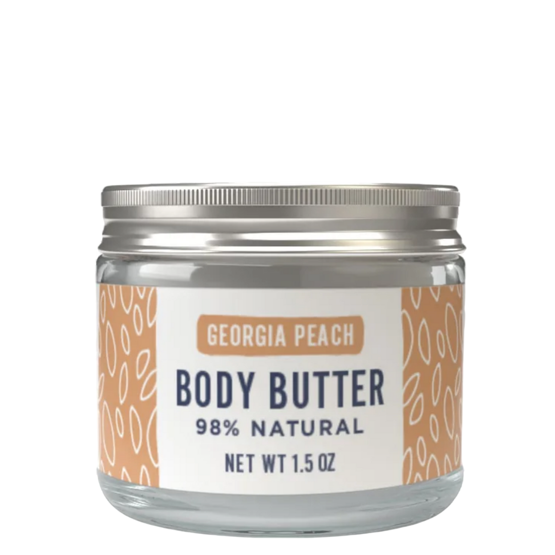 A 1.5 oz glass jar of Georgia Peach Body Butter with a silver metal lid and a white label featuring peach-colored patterns.