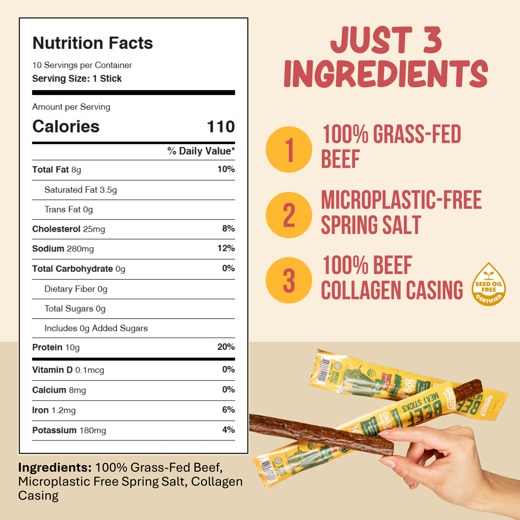 Plain Beef Meat Sticks - 100% Grass-Fed &amp; Finished