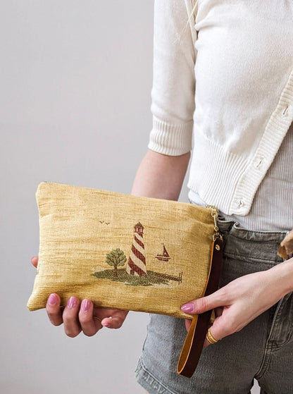 Sail Away Lighthouse Wristlet Linen &amp; Leather - My American Goods