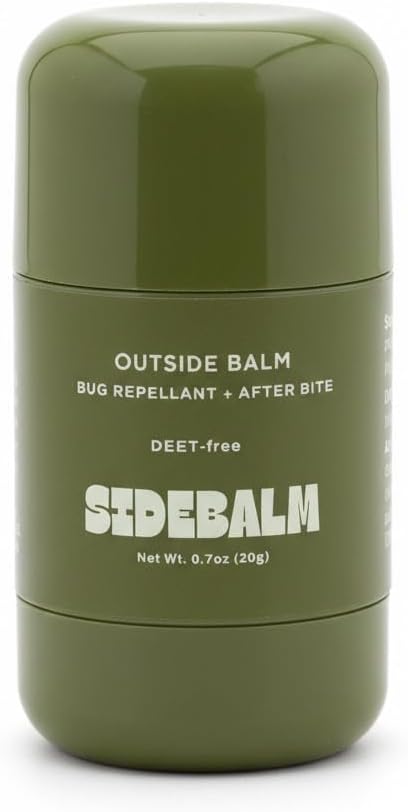 Green container of Sidebalm bug repellent and after-bite balm on a white background