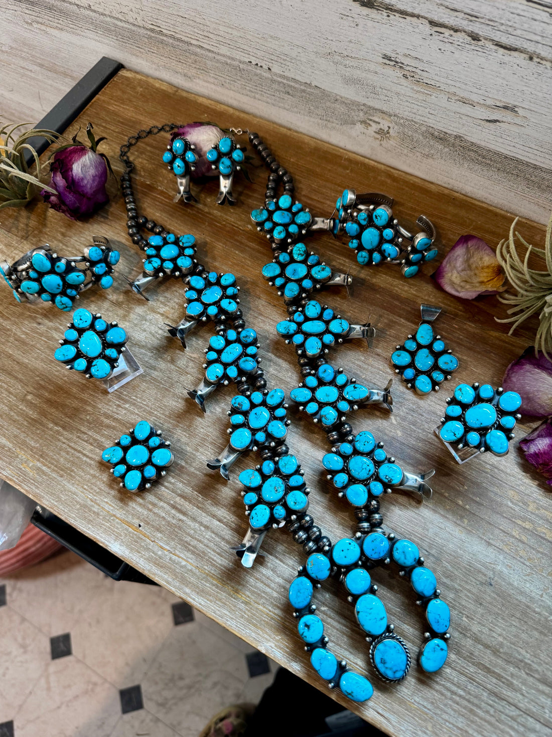 Wilson Dawes Kingman Turquoise Sterling Silver Squash Blossom Set