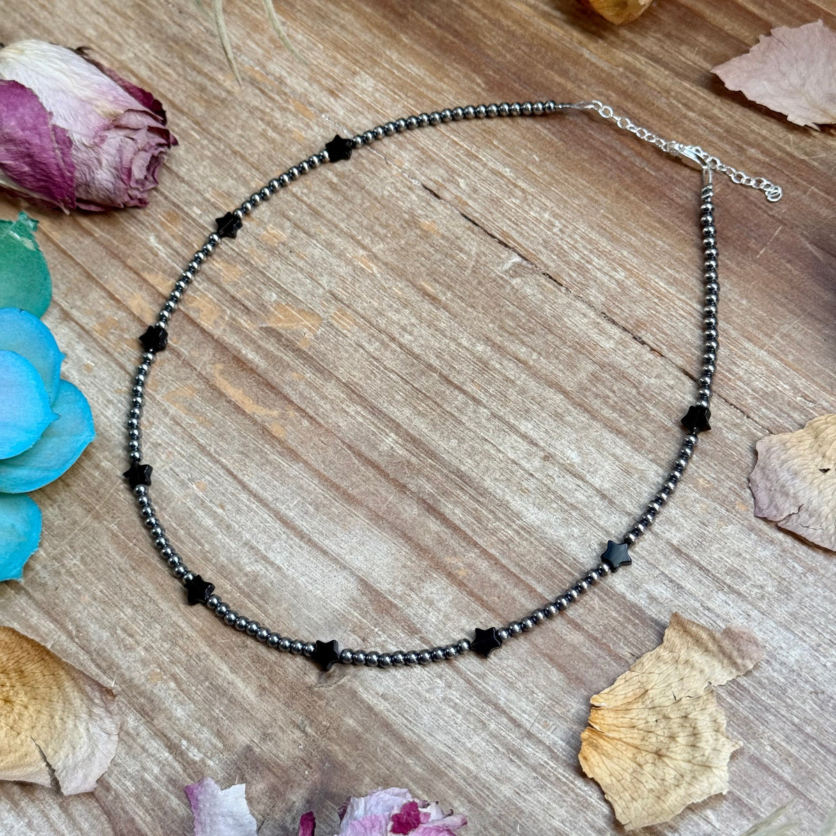 15" Black Onyx Star &amp; Sterling Silver Pearl Necklace