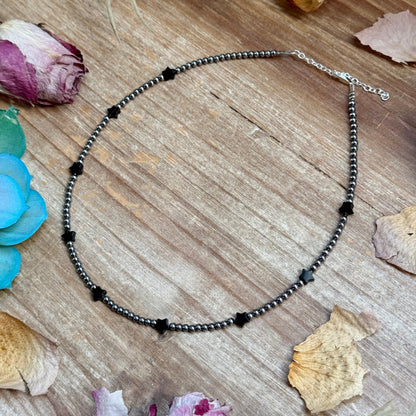 15" Black Onyx Star &amp; Sterling Silver Pearl Necklace