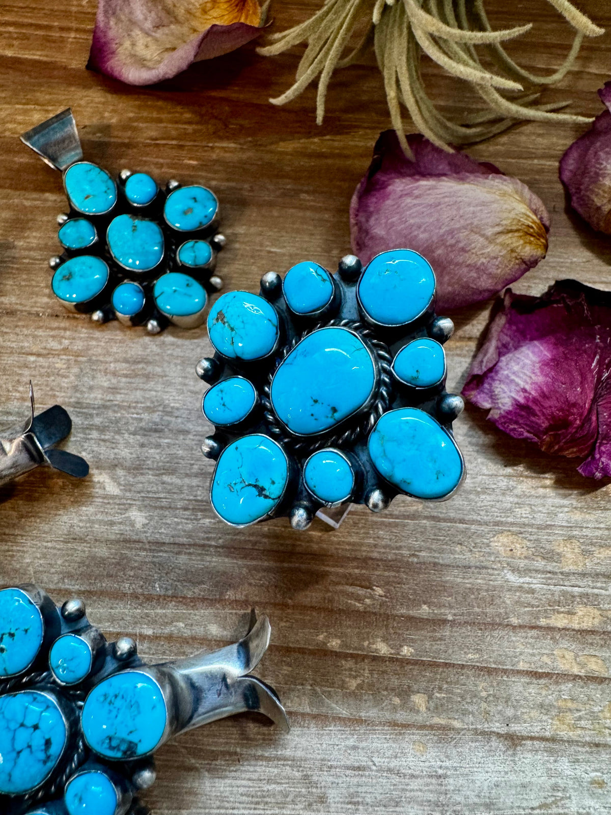 Wilson Dawes Kingman Turquoise Sterling Silver Squash Blossom Set