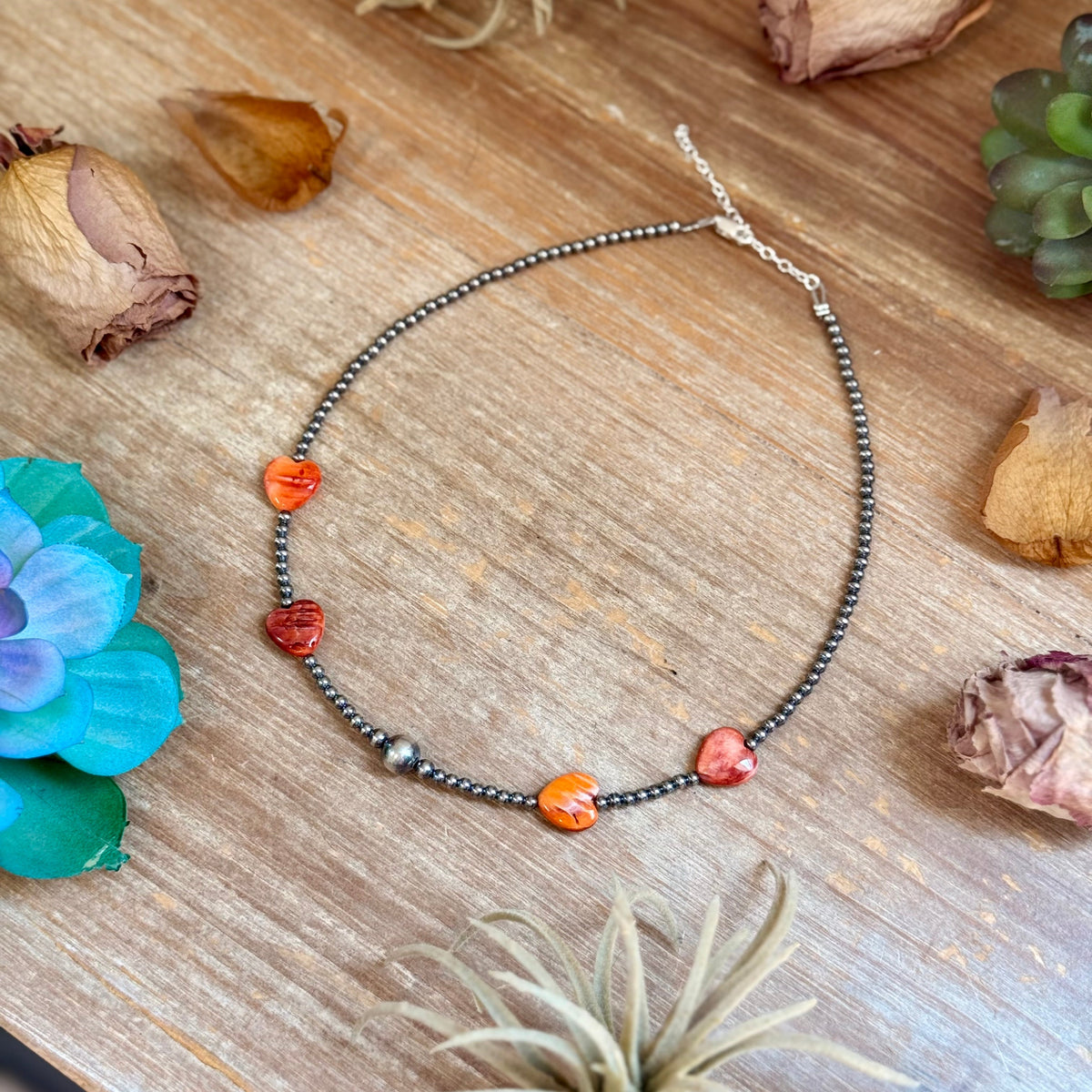 15" Orange-Red Shell Heart &amp; Sterling Silver Pearl Necklace
