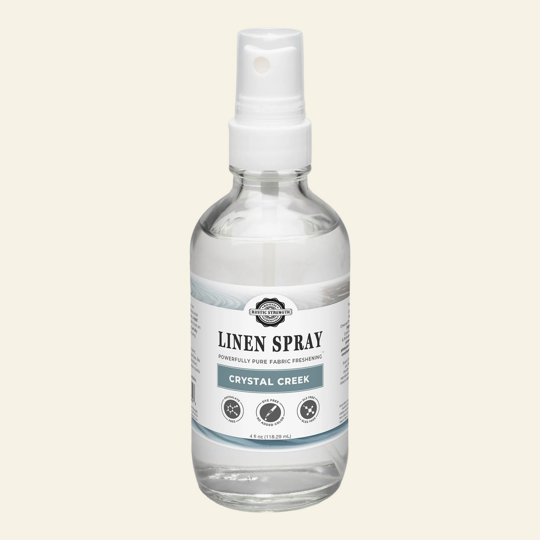 Linen spray bottle with a label on a white background
