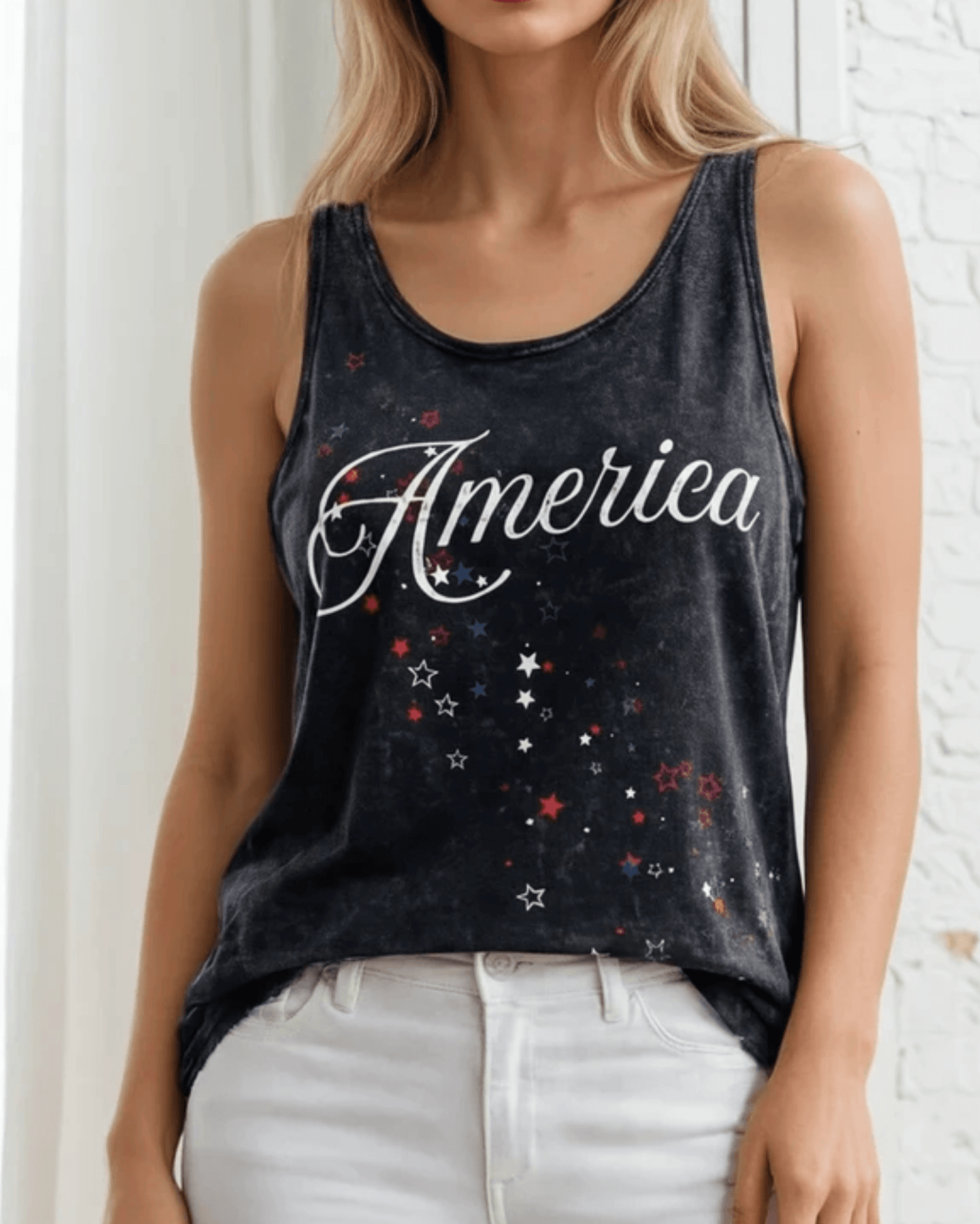 Crazy Cozy Cool Sleeveless Tops and Tanks Mineral Washed Black / AMERICA SHOOTING STAR / Small America Shooting Stars Graphic Tank Top