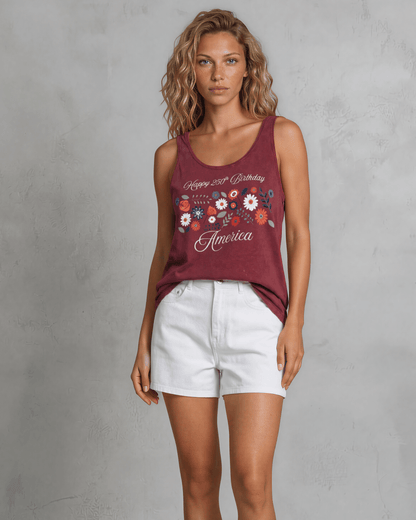 Crazy Cozy Cool Sleeveless Tops and Tanks Happy 250th Birthday America Tank Top | Burnt Red Clay