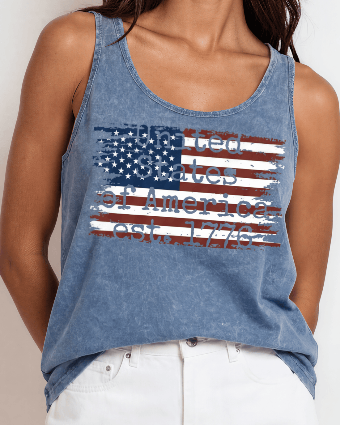 Crazy Cozy Cool Sleeveless Tops and Tanks Light Denim / United States Distressed Flag / Small United States of America, Est. 1776 Distressed Flag Tank Top