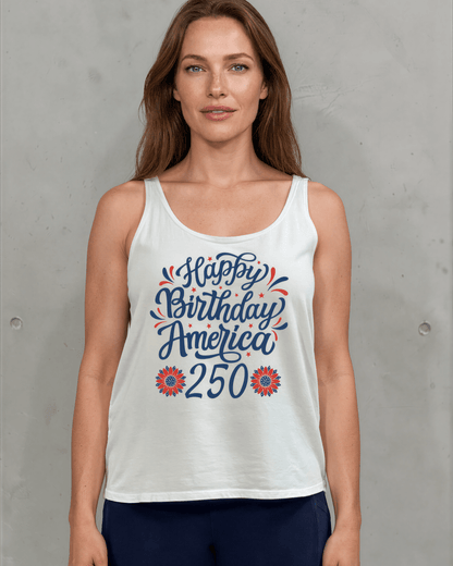Crazy Cozy Cool Sleeveless Tops and Tanks Happy Birthday America 250 Graphic Tank with Flower Detail