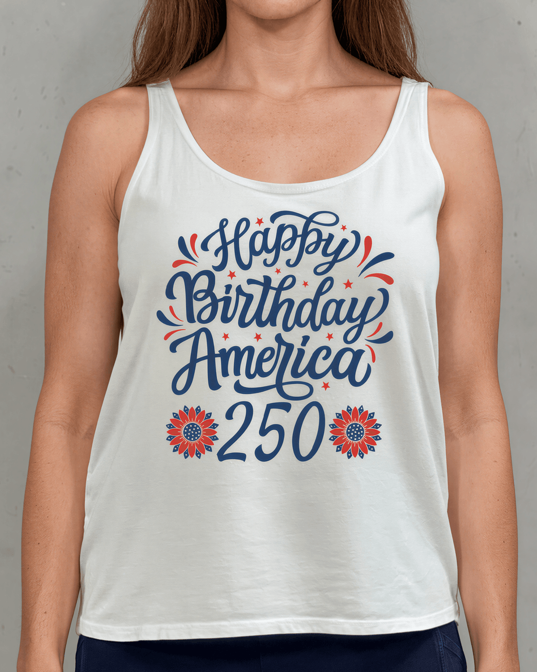 Crazy Cozy Cool Sleeveless Tops and Tanks White / USA AMERICAN FLAG / Small Happy Birthday America 250 Graphic Tank with Flower Detail