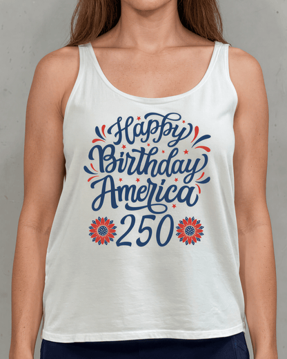 Crazy Cozy Cool Sleeveless Tops and Tanks White / USA AMERICAN FLAG / Small Happy Birthday America 250 Graphic Tank with Flower Detail