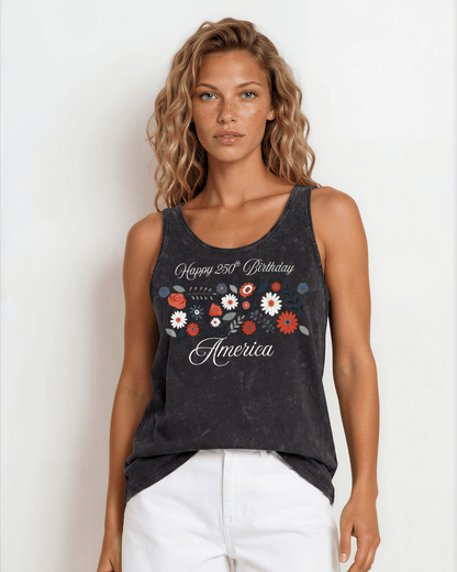 Crazy Cozy Cool Sleeveless Tops and Tanks Happy 250th Birthday America Tank Top | Mineral Washed Black
