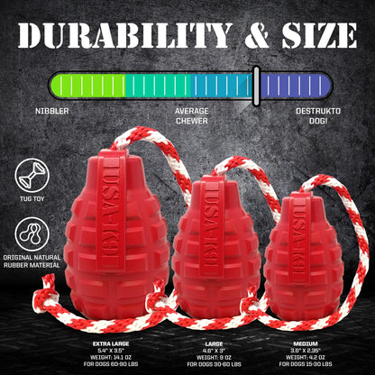 USA-K9 Grenade Shaped Rubber Dog Toy - Chew, Treat Dispenser &amp; Tug Toy | USA