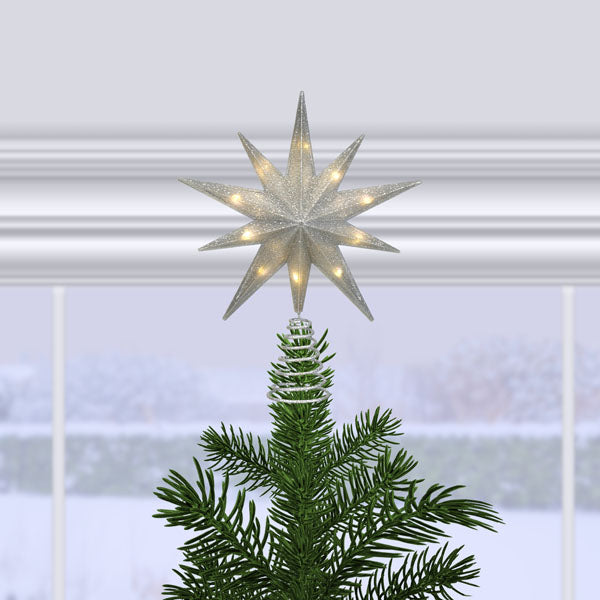 12&quot; Lit Silver Glitter Star Tree Topper - My American Goods