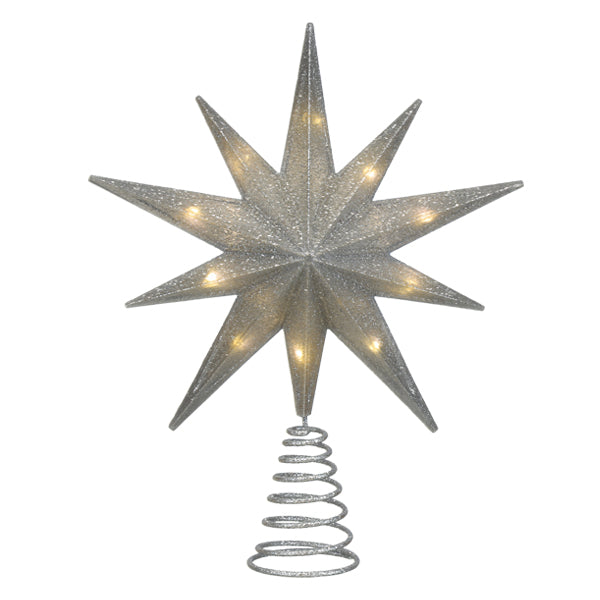 12&quot; Lit Silver Glitter Star Tree Topper - My American Goods