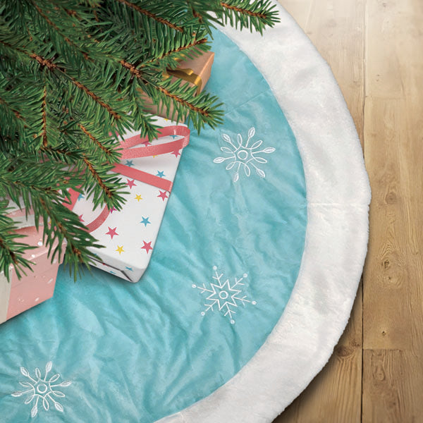 48&quot; Pastel Blue Snowflake Embroidered Tree Skirt With Faux Fur Trim - My American Goods
