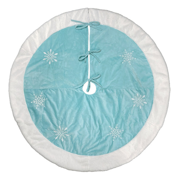 48&quot; Pastel Blue Snowflake Embroidered Tree Skirt With Faux Fur Trim - My American Goods