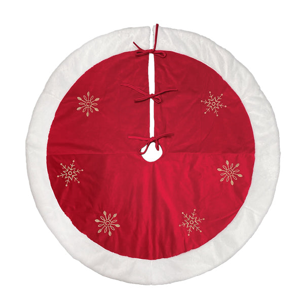 48&quot; Red Snowflake Embroidered Tree Skirt With Faux Fur Trim