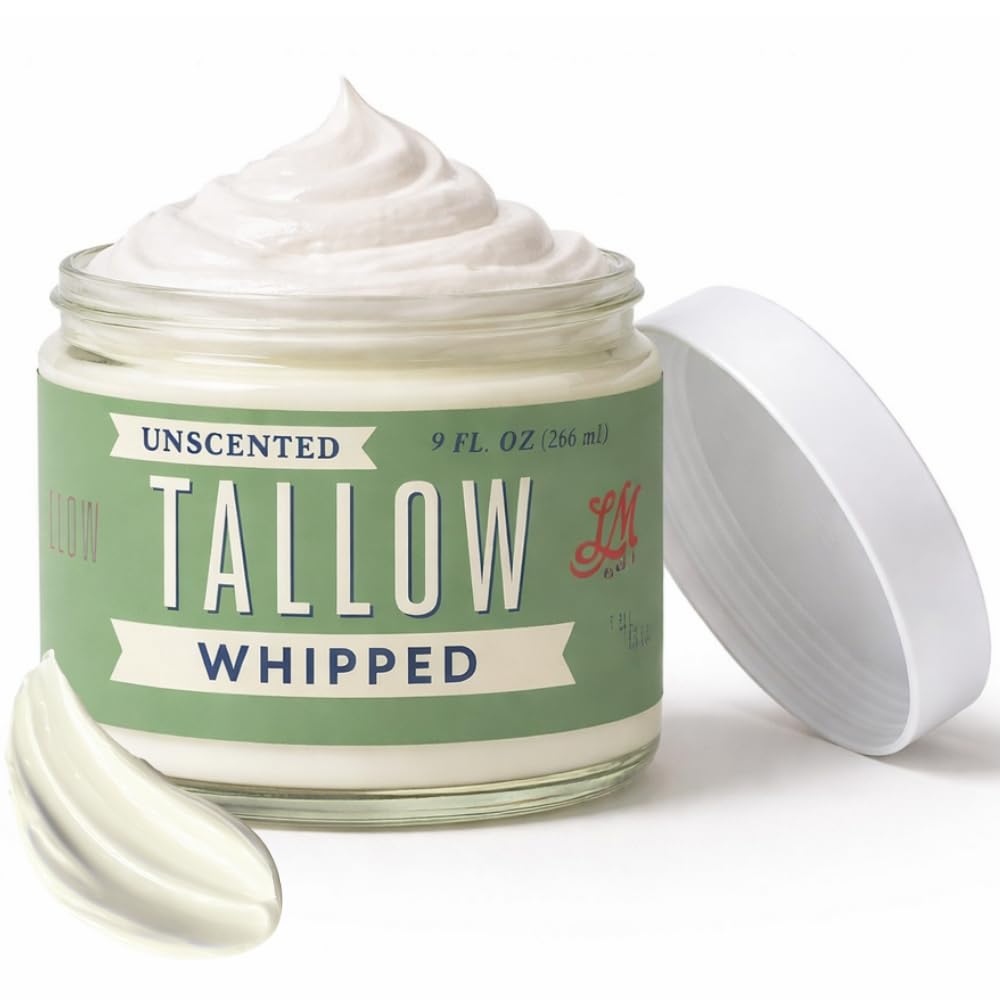 Jar of unscented tallow whipped cream with a white lid on a white background