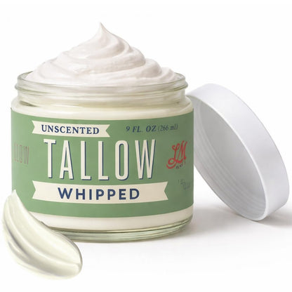 Jar of unscented tallow whipped cream with a white lid on a white background