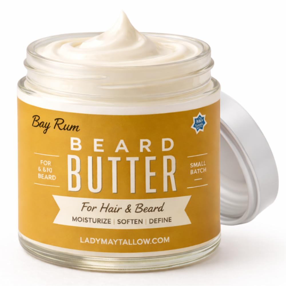 Jar of beard butter with a yellow label on a white background