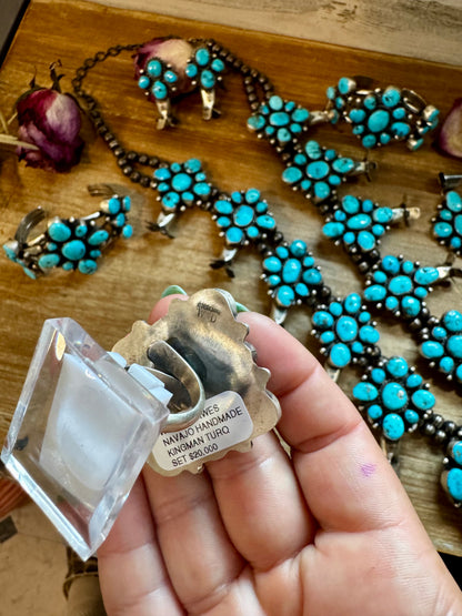 Wilson Dawes Kingman Turquoise Sterling Silver Squash Blossom Set