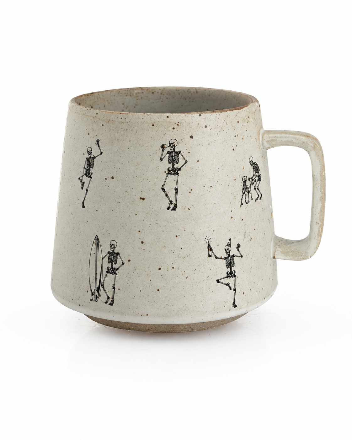 A speckled beige ceramic mug with a handle, decorated with black hand-drawn skeleton figures in various poses, shown on a white background.