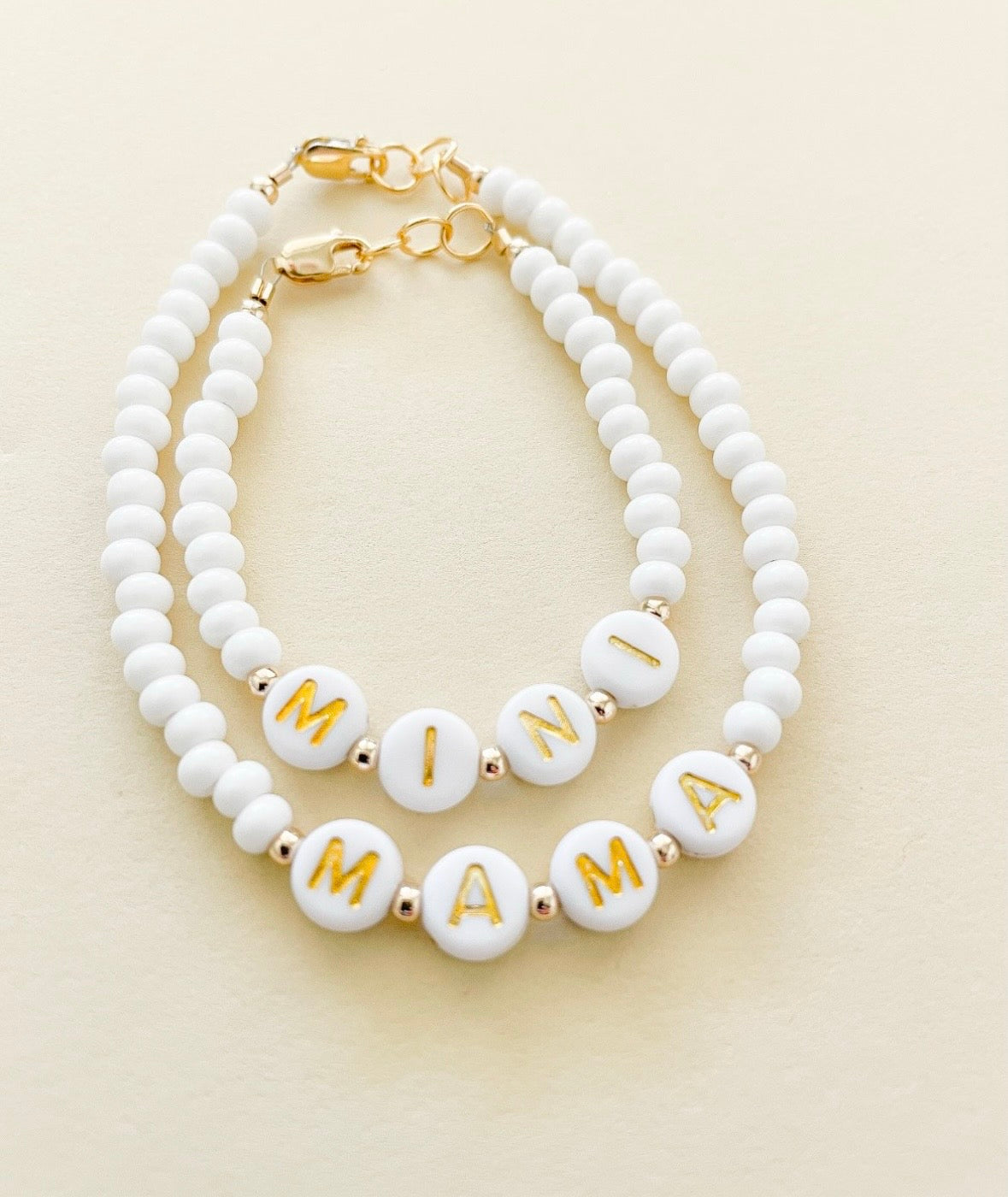 Mama and Mini White Name Bracelet Set