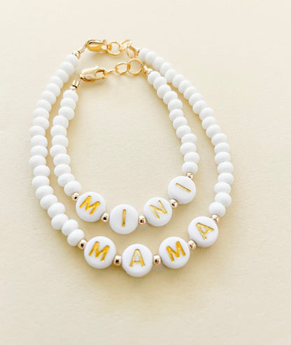 Mama and Mini White Name Bracelet Set