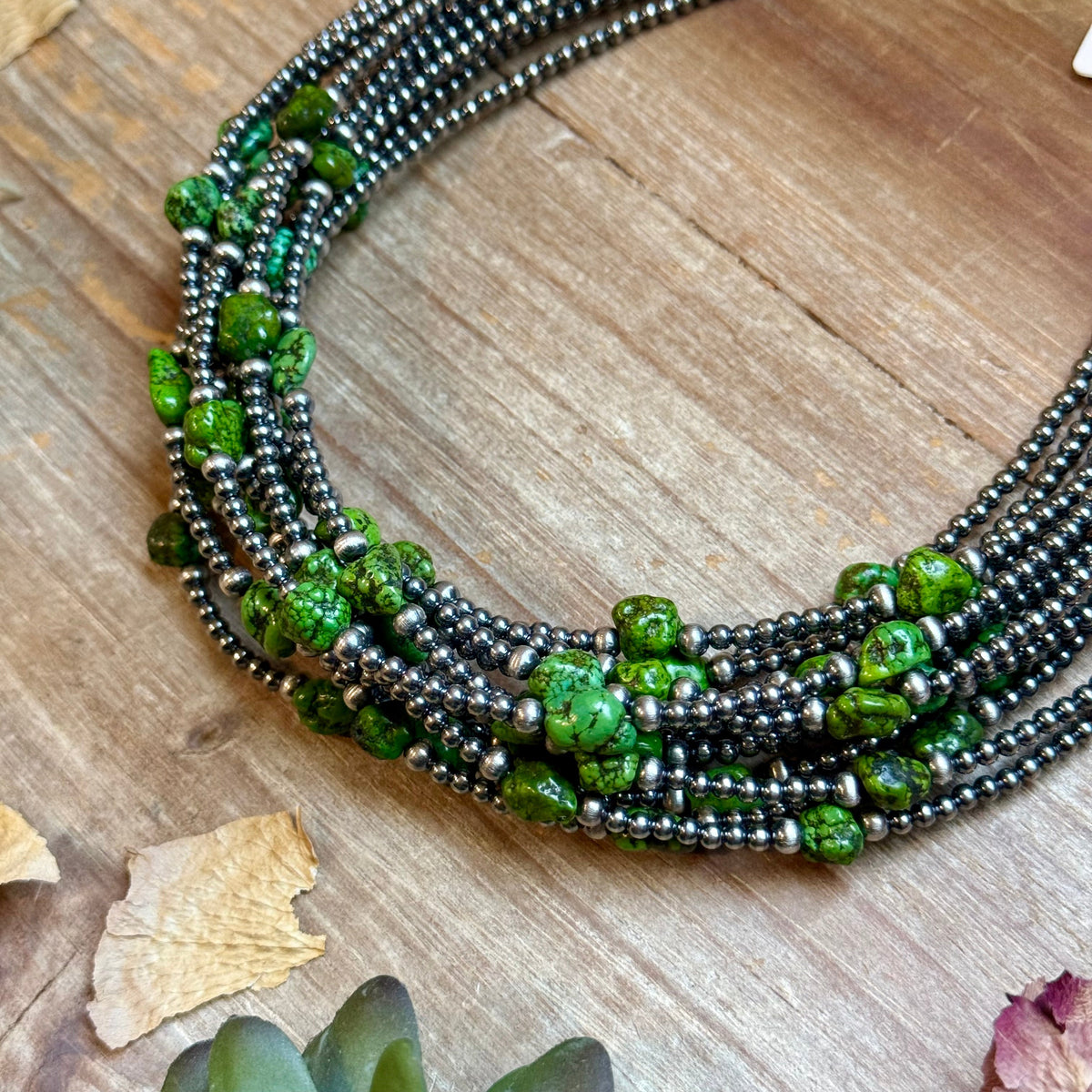 Green Nugget Turquoise &amp; Sterling Silver Pearl Necklace