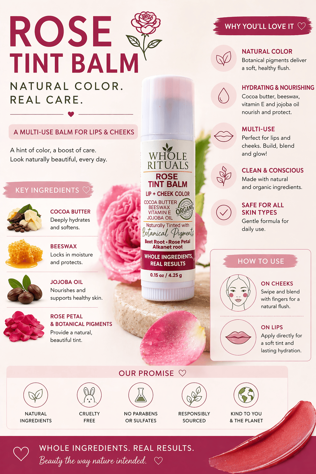 Whole Rituals Lip Balms Rose Tint Balm – Lip + Cheek Color with Organic Ingredients