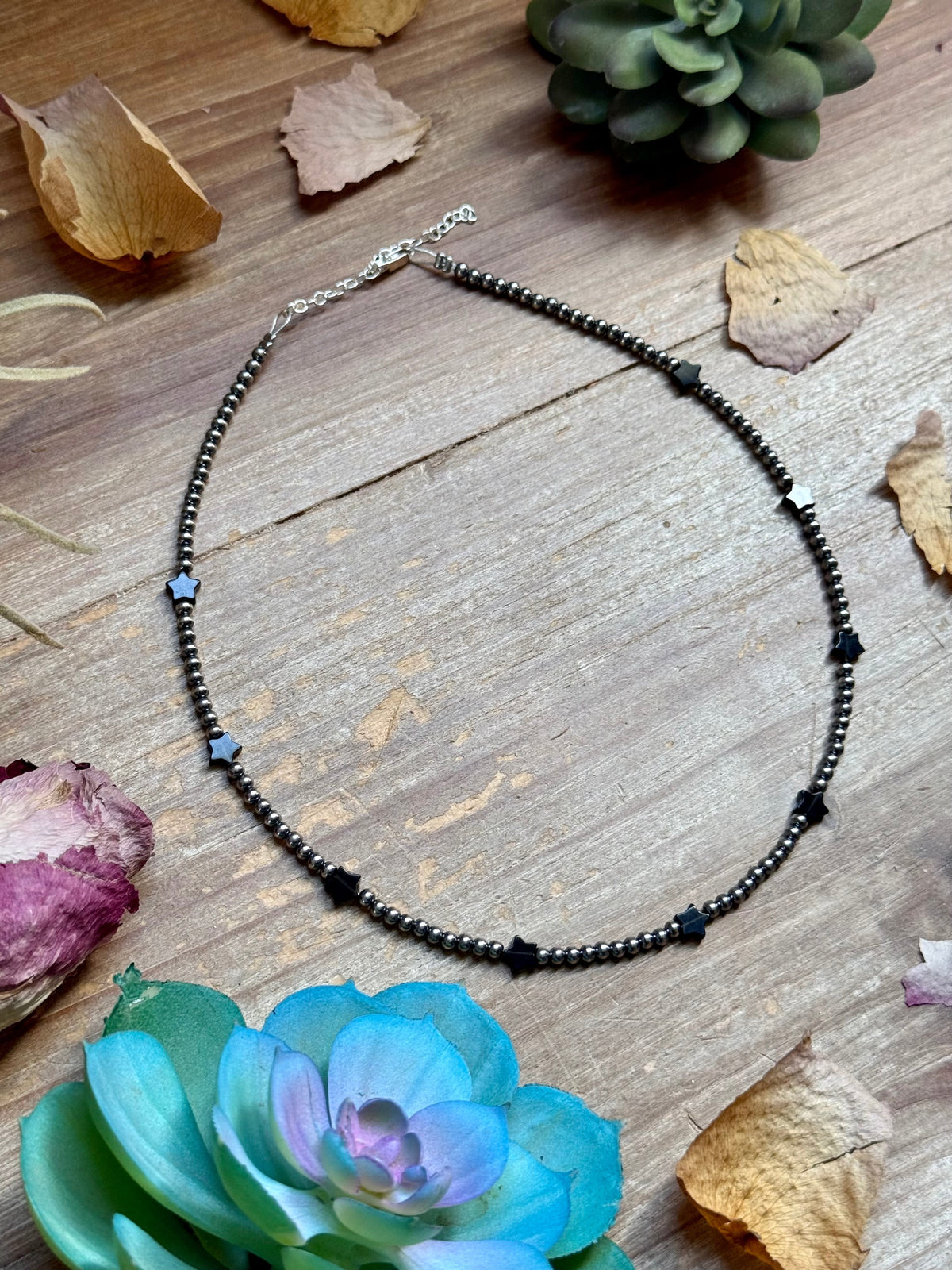 15" Black Onyx Star &amp; Sterling Silver Pearl Necklace